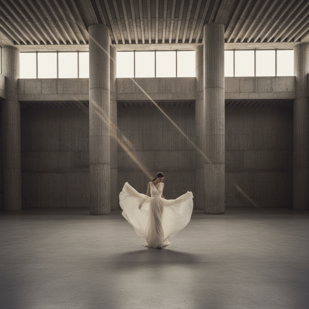Brutalist concrete architecture with fashion models, Detroit, cinematic wide shot