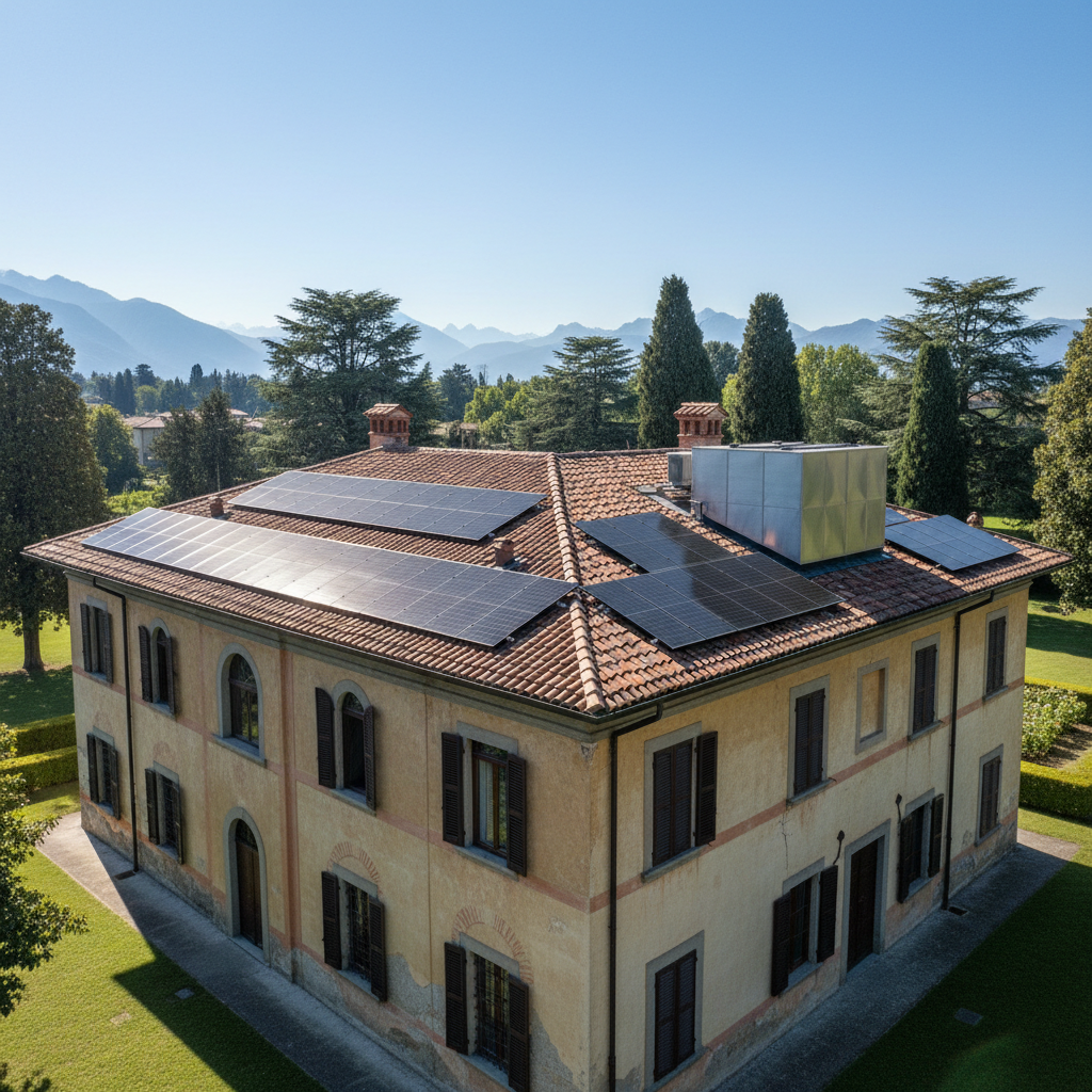 Solar panels on villa rooftop, premium residential installation, bright outdoor lighting