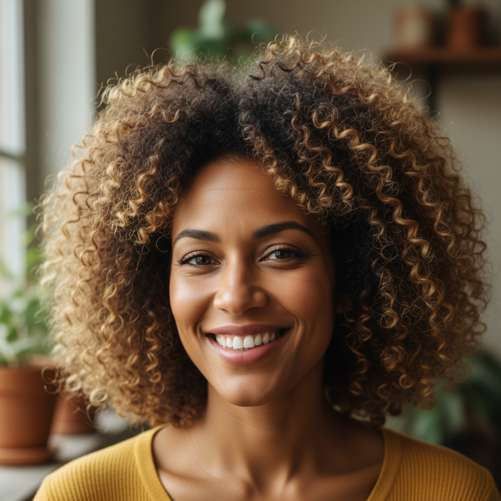 Confident woman with natural hair, warm smile, adventurous personality