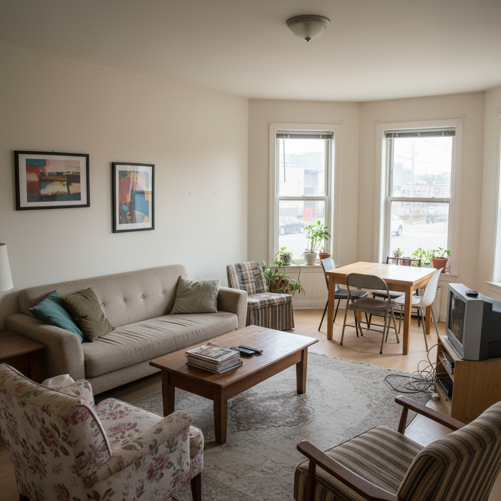 Airbnb listing before design — generic furniture, no cohesive aesthetic