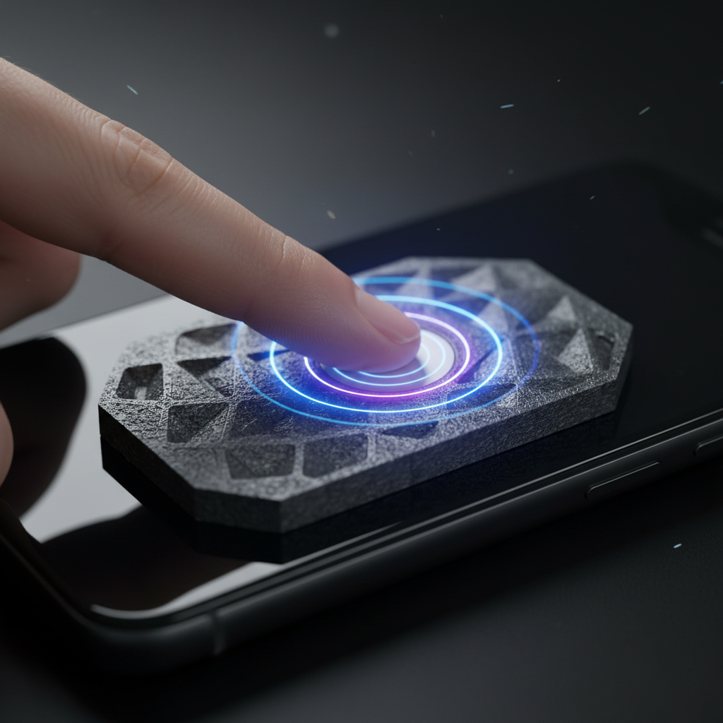 Close-up of a hand tapping a smartphone on a small dark surface, dim ambient light, NFC payment moment