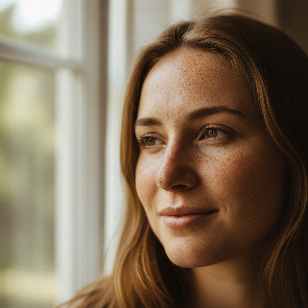 Portrait of woman with freckles in natural window light, editorial