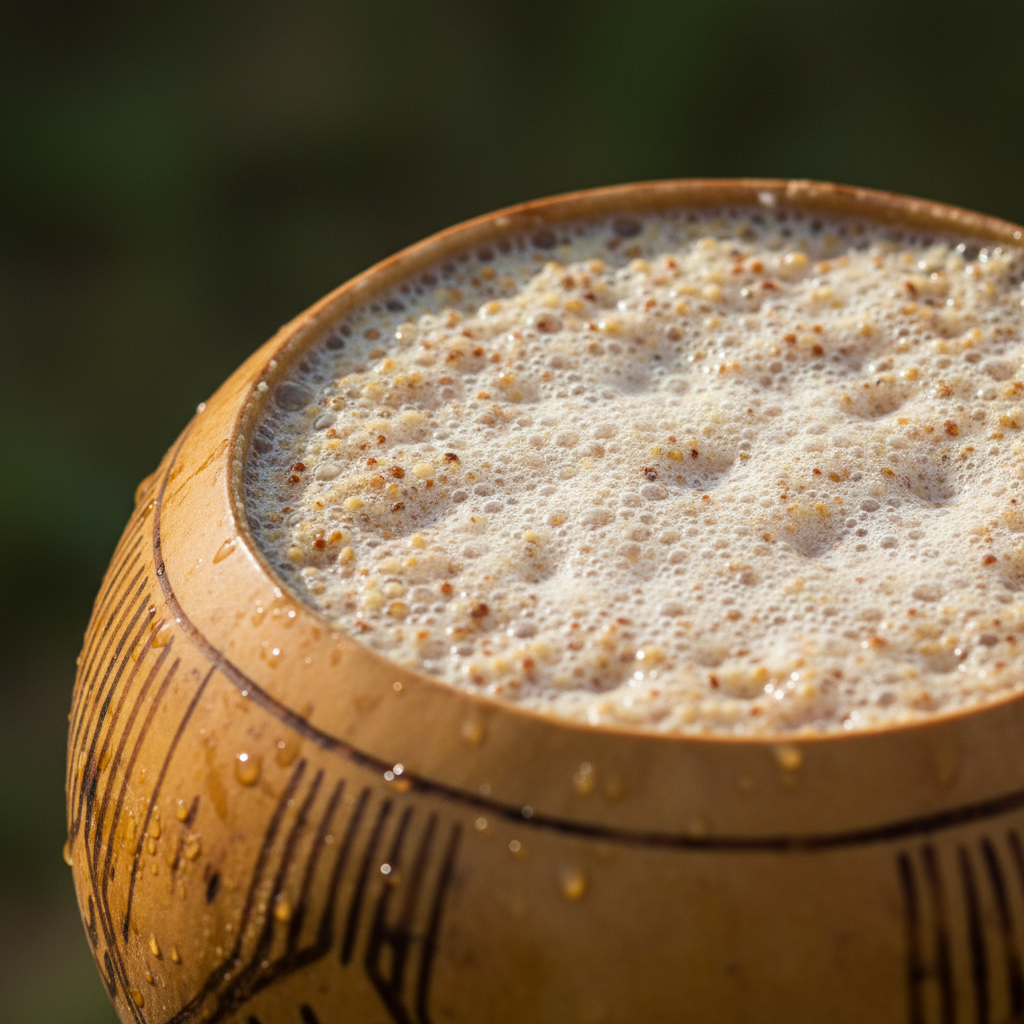 Fermented millet porridge mahewu in a gourd, traditional Zimbabwean drink