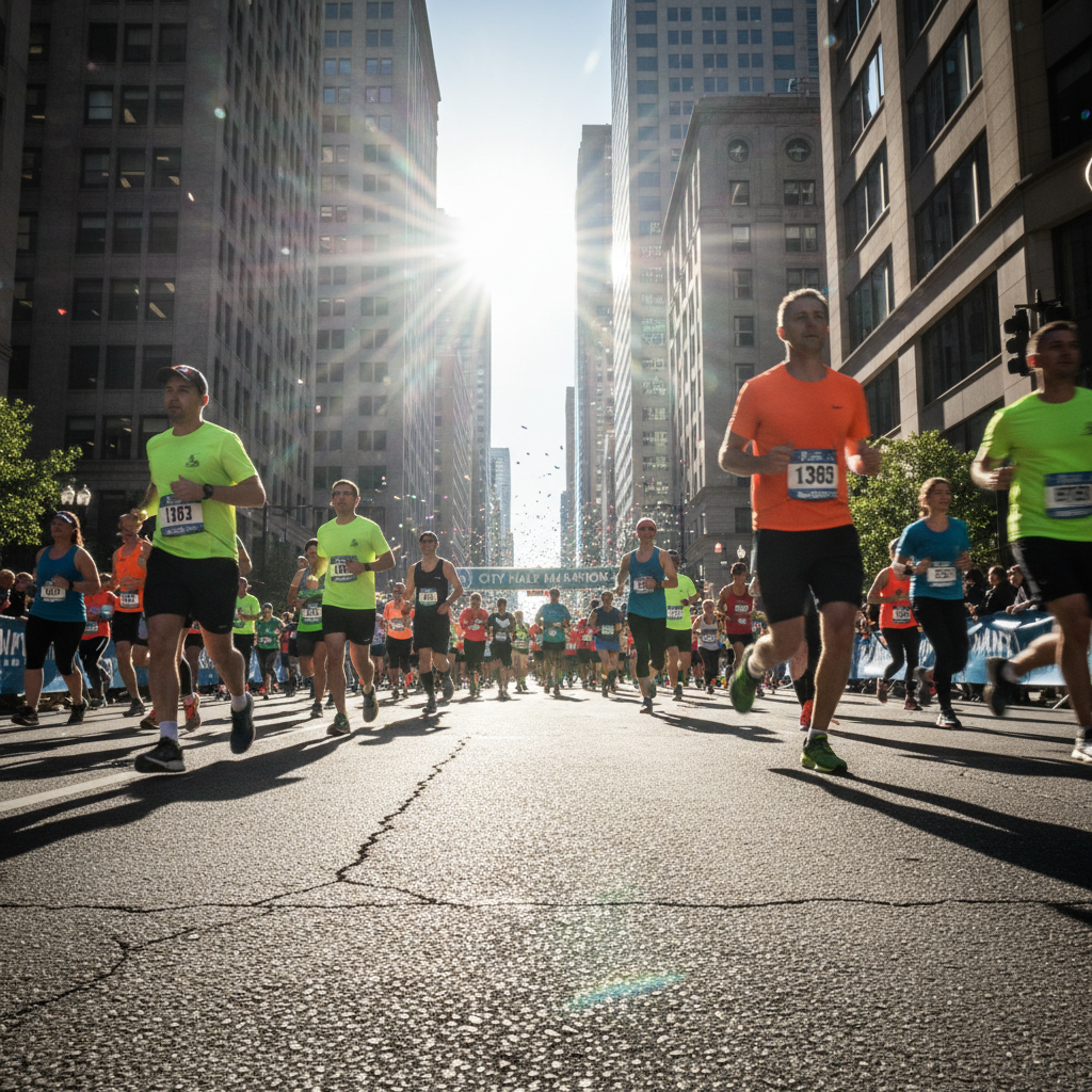 Runners in a half marathon race through city streets on a sunny morning