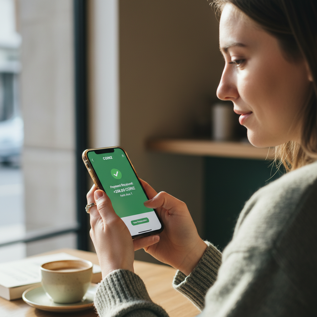 Persona revisando su teléfono con notificación de pago recibido en COINZ