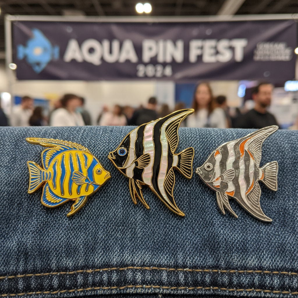 Three angelfish pins displayed on denim jacket at fish convention