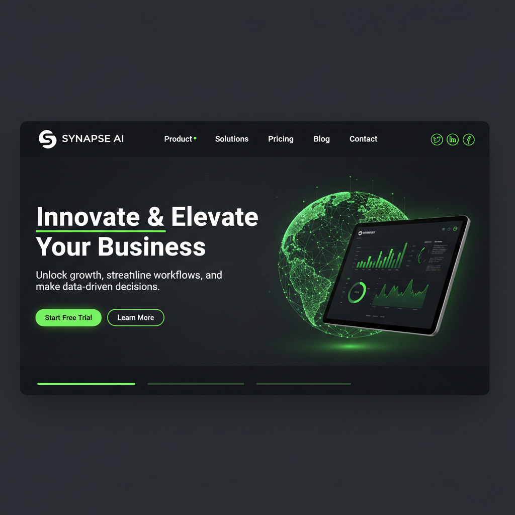 Full-width startup landing page with bold typography, gradient hero and clear call-to-action on dark background