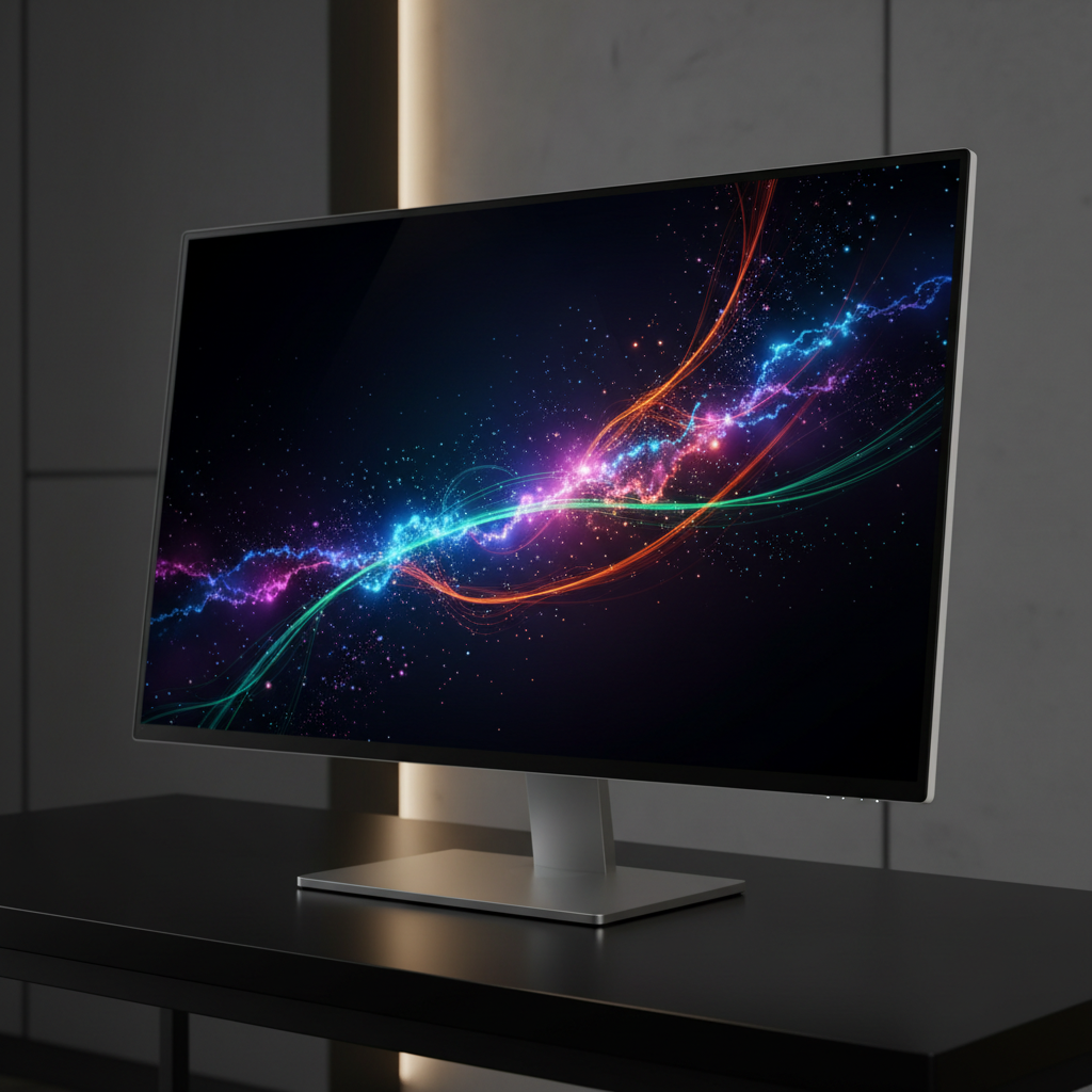 Abstract motion graphics with glowing particle trails on a dark background displayed on a monitor