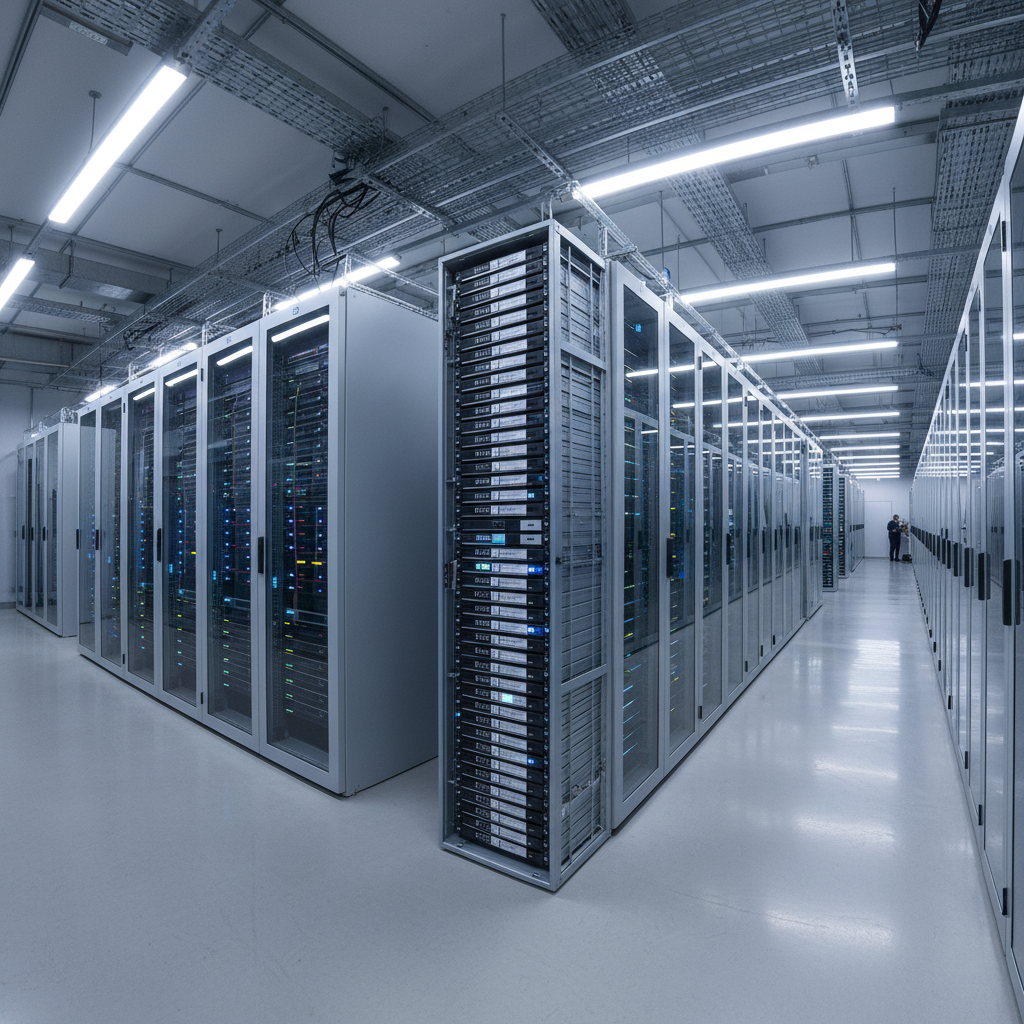 Dark server room with blue LED lighting, rows of rack-mounted servers, atmospheric enterprise data center