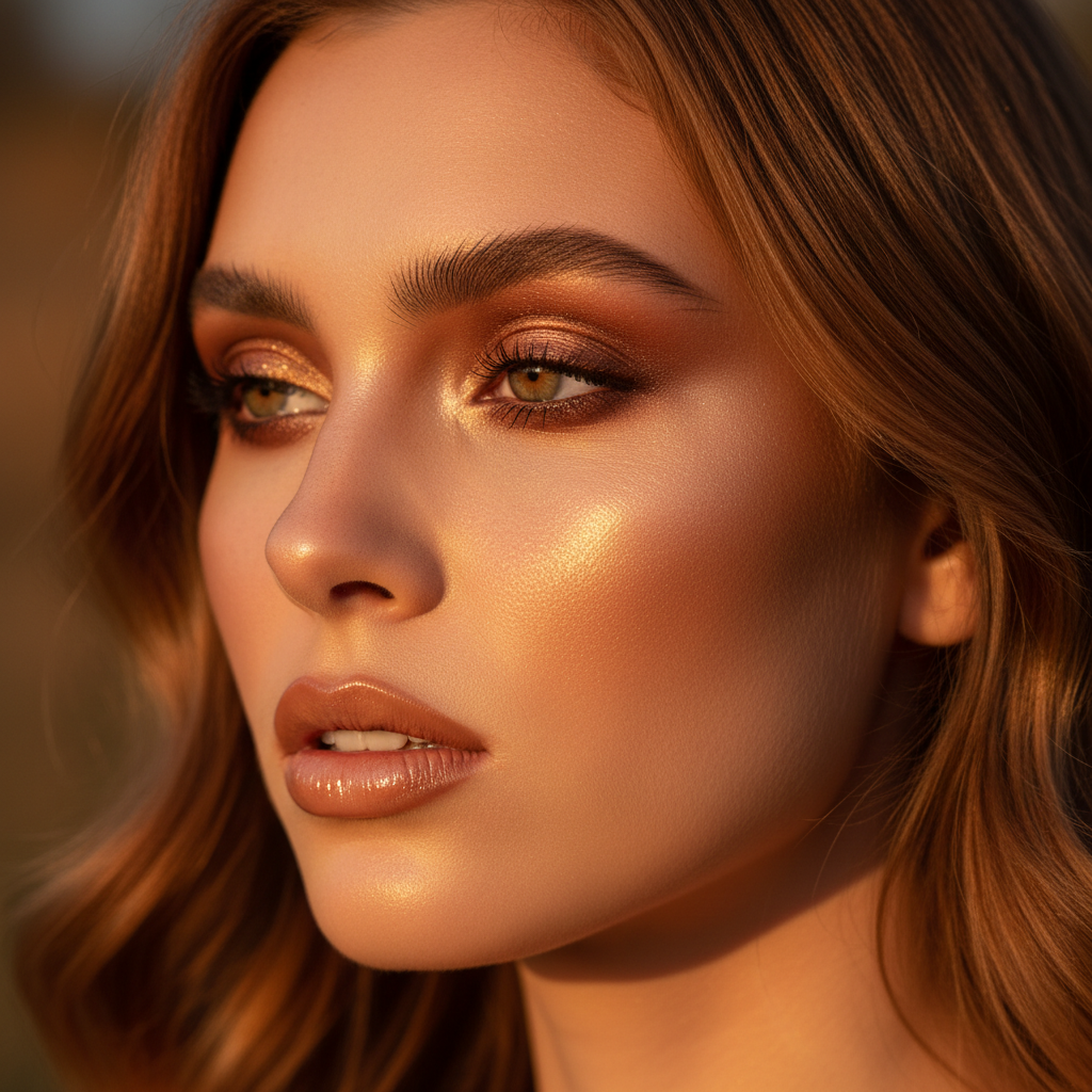 Woman with warm bronzed makeup and glowing skin in golden hour lighting