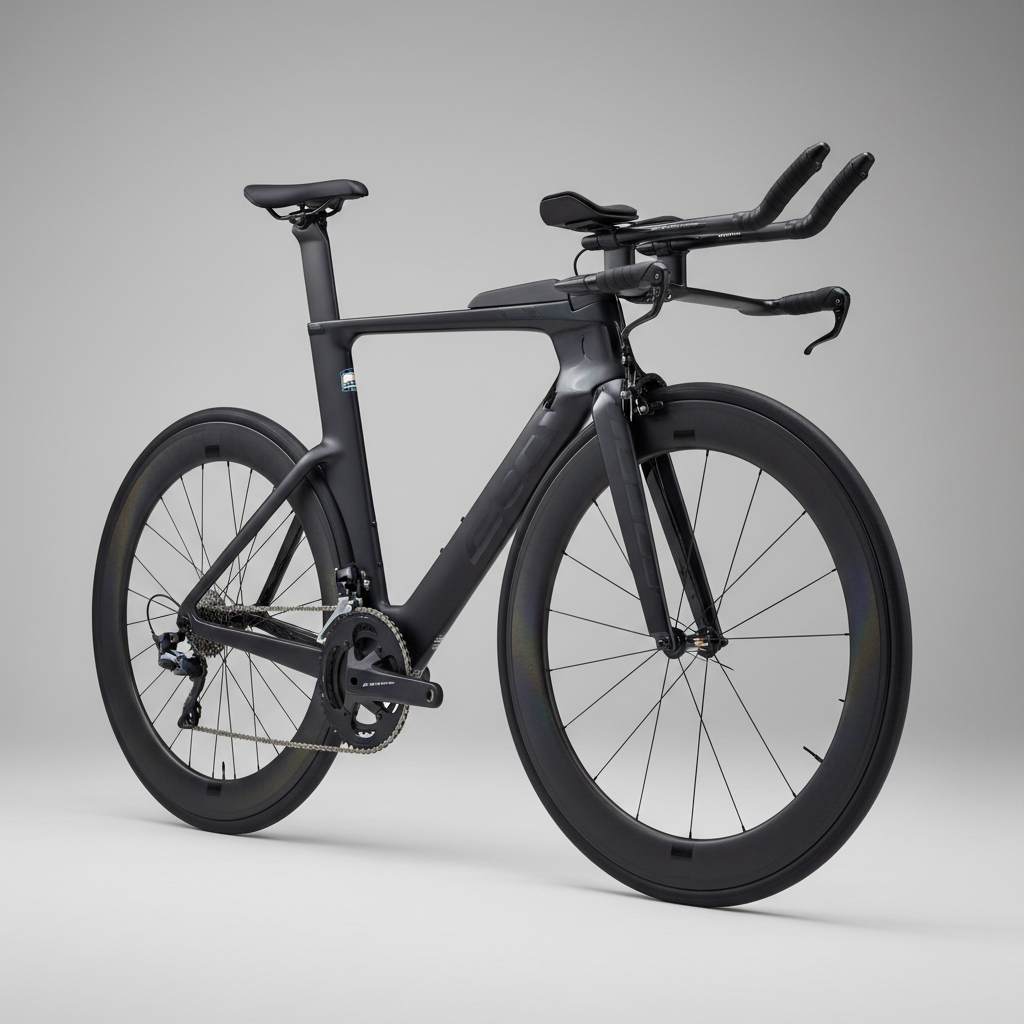 Time trial triathlon bicycle with aerodynamic integrated cockpit and deep section wheels