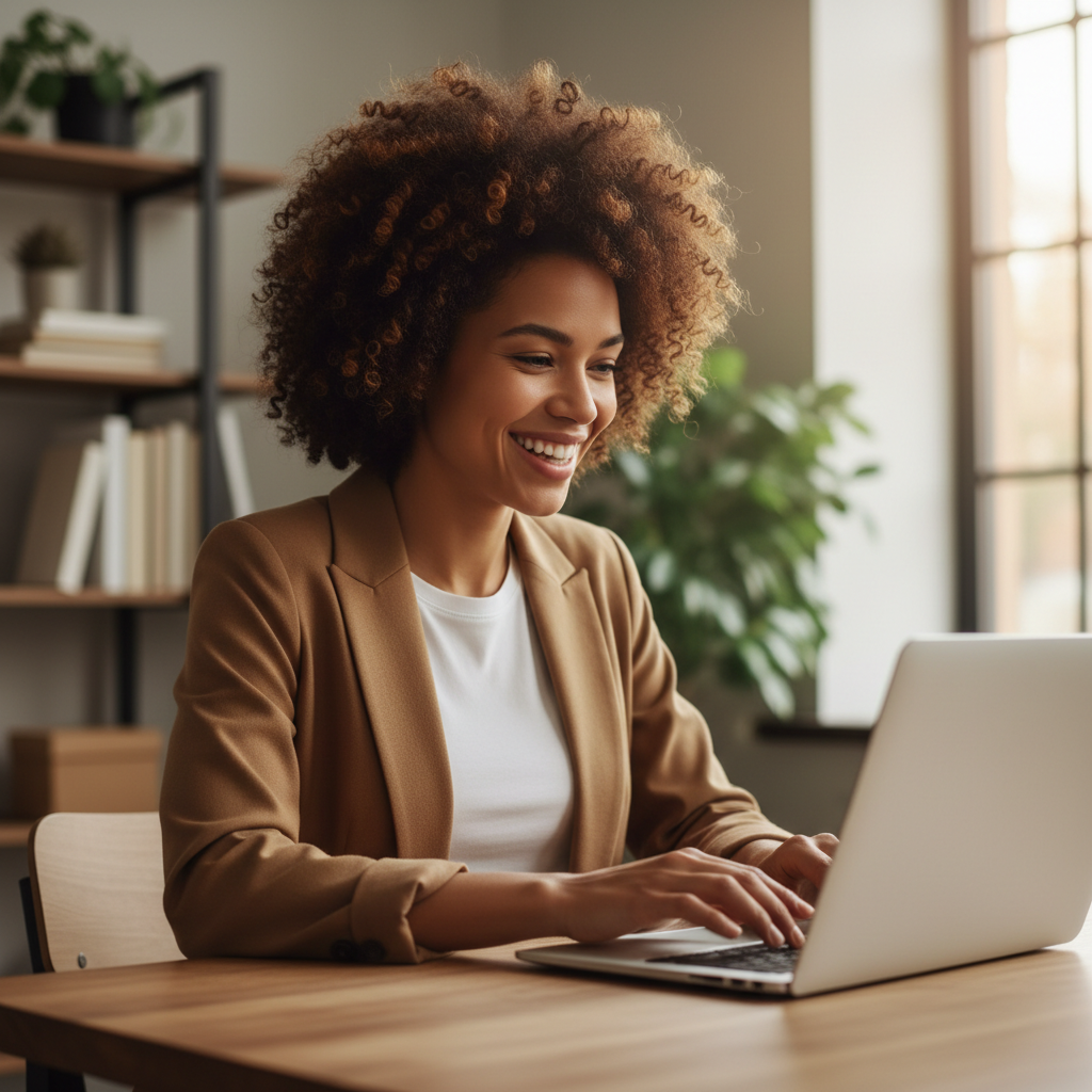 Young woman with natural hair at bright desk, open laptop, cheerful daylight setting