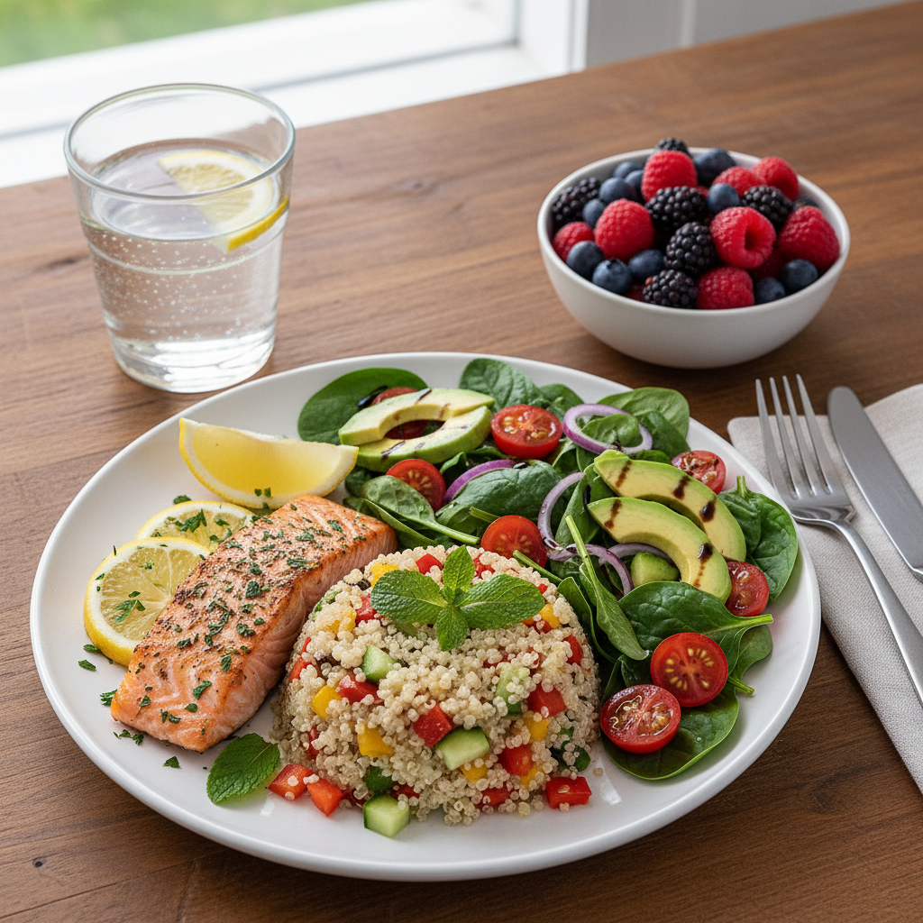 Healthy meal with eggs, leafy greens, nuts, salmon on bright wooden table, natural daylight