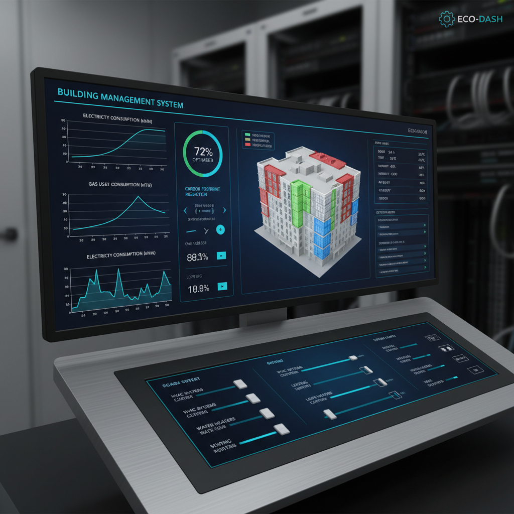 Digital building management system dashboard displaying energy consumption graphs and control interfaces