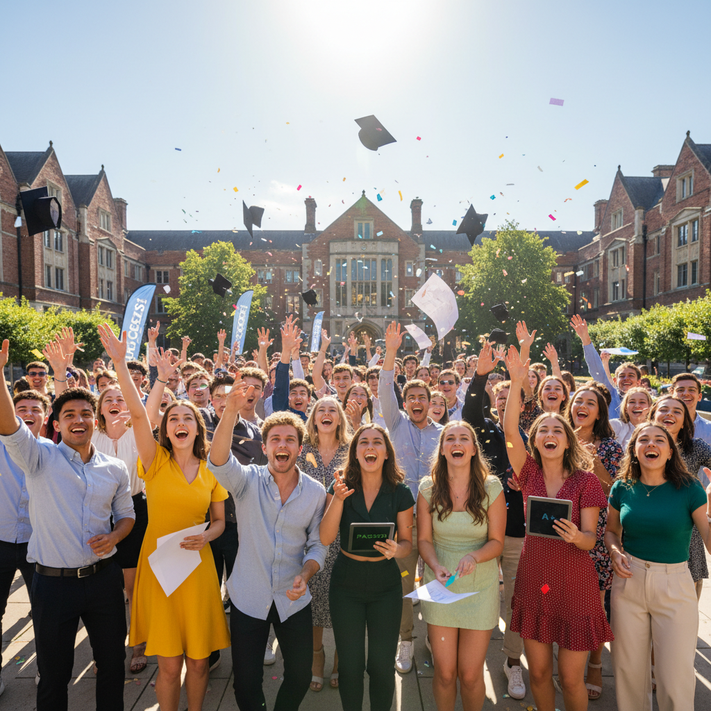 Smiling students in graduation caps celebrating board exam results