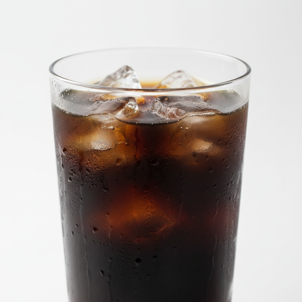 Dark grass jelly drink with ice in glass, deep dark liquid, condensation droplets, clean white background, Indonesian traditional beverage