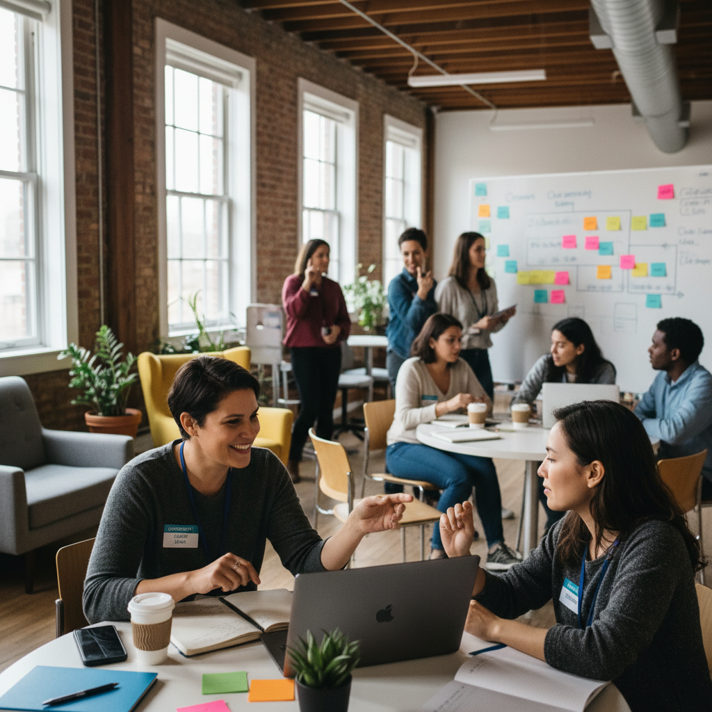 Team of professionals collaborating in modern office space with laptops and creative materials