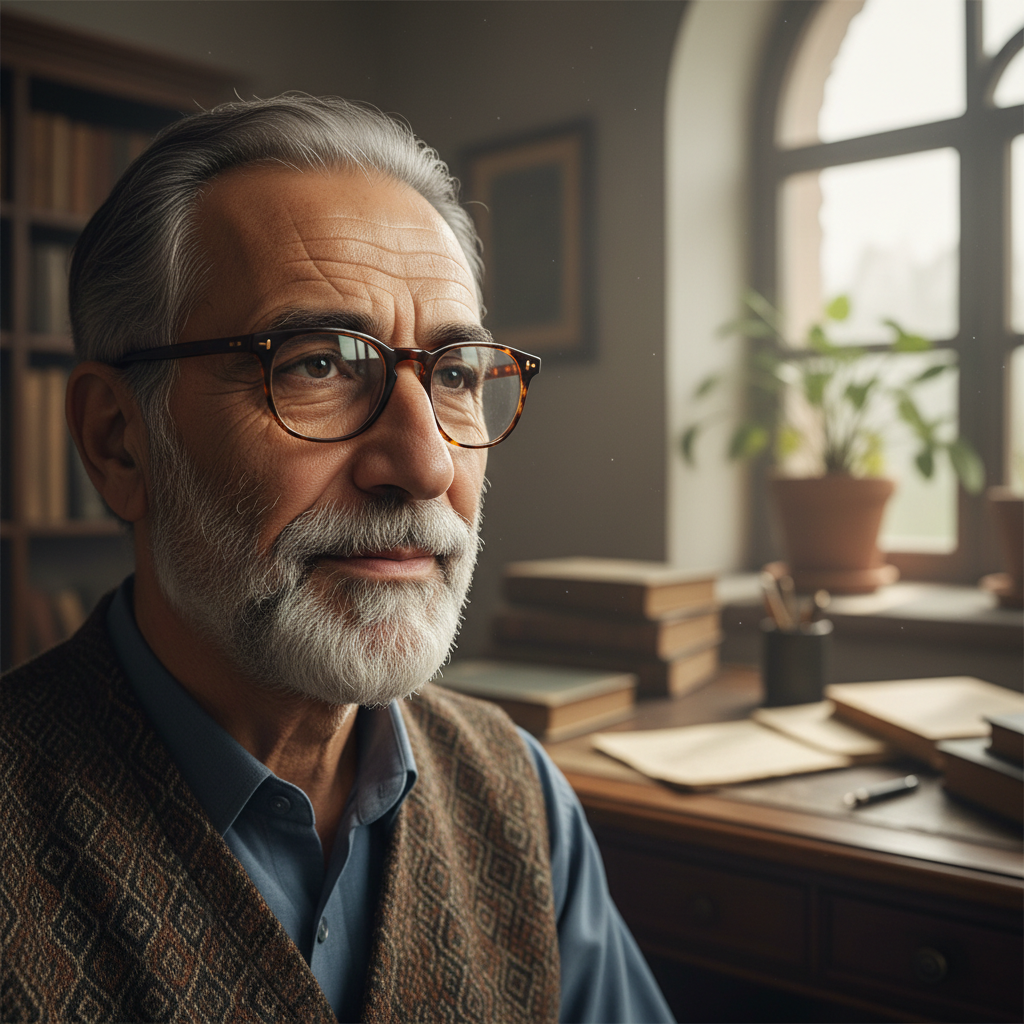 Older gentleman with gray hair and glasses in a relaxed setting