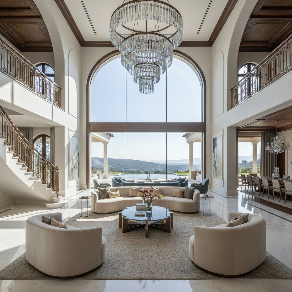 Grand salon de la Villa Cristal, plafonds doubles hauteur, mobilier contemporain de luxe, baies vitrées panoramiques sur jardin