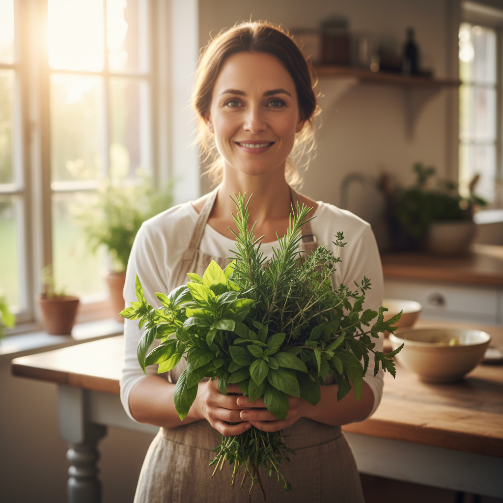 Elena Vasquez, Sprout instructor, in a sunlit kitchen holding fresh herbs from the market