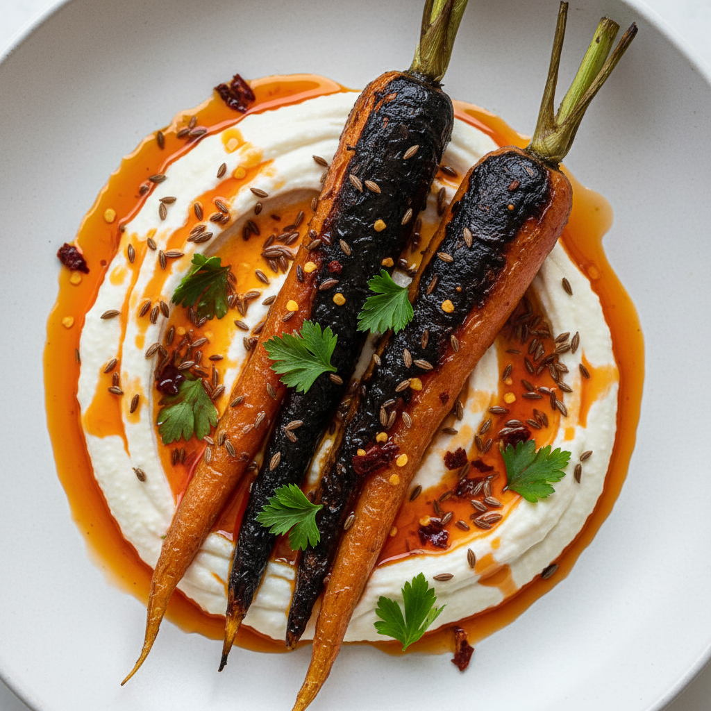 Charred whole carrots on white miso whip with caraway seeds and orange-red chili oil, photographed from above on ceramic