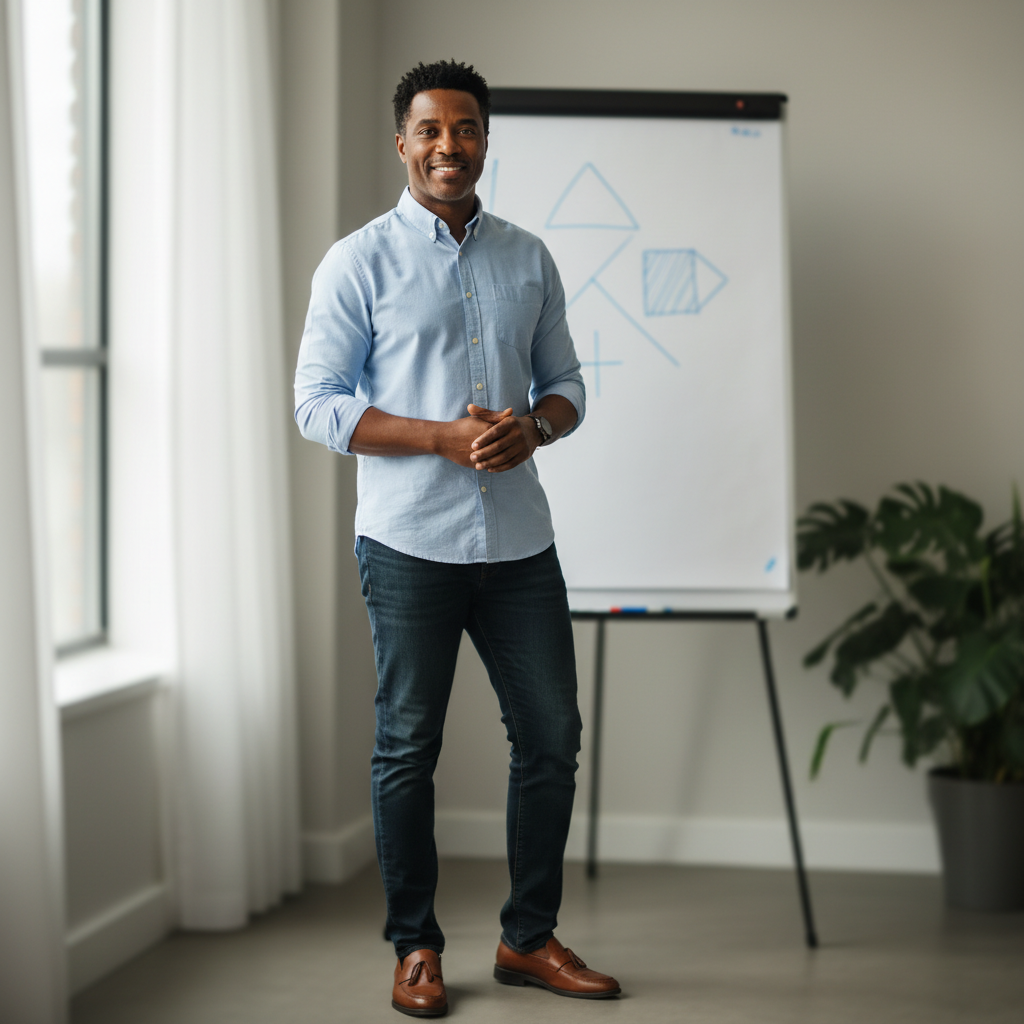 James Okonkwo, a Nigerian-American man in his 40s, standing in front of a whiteboard with a relaxed smile