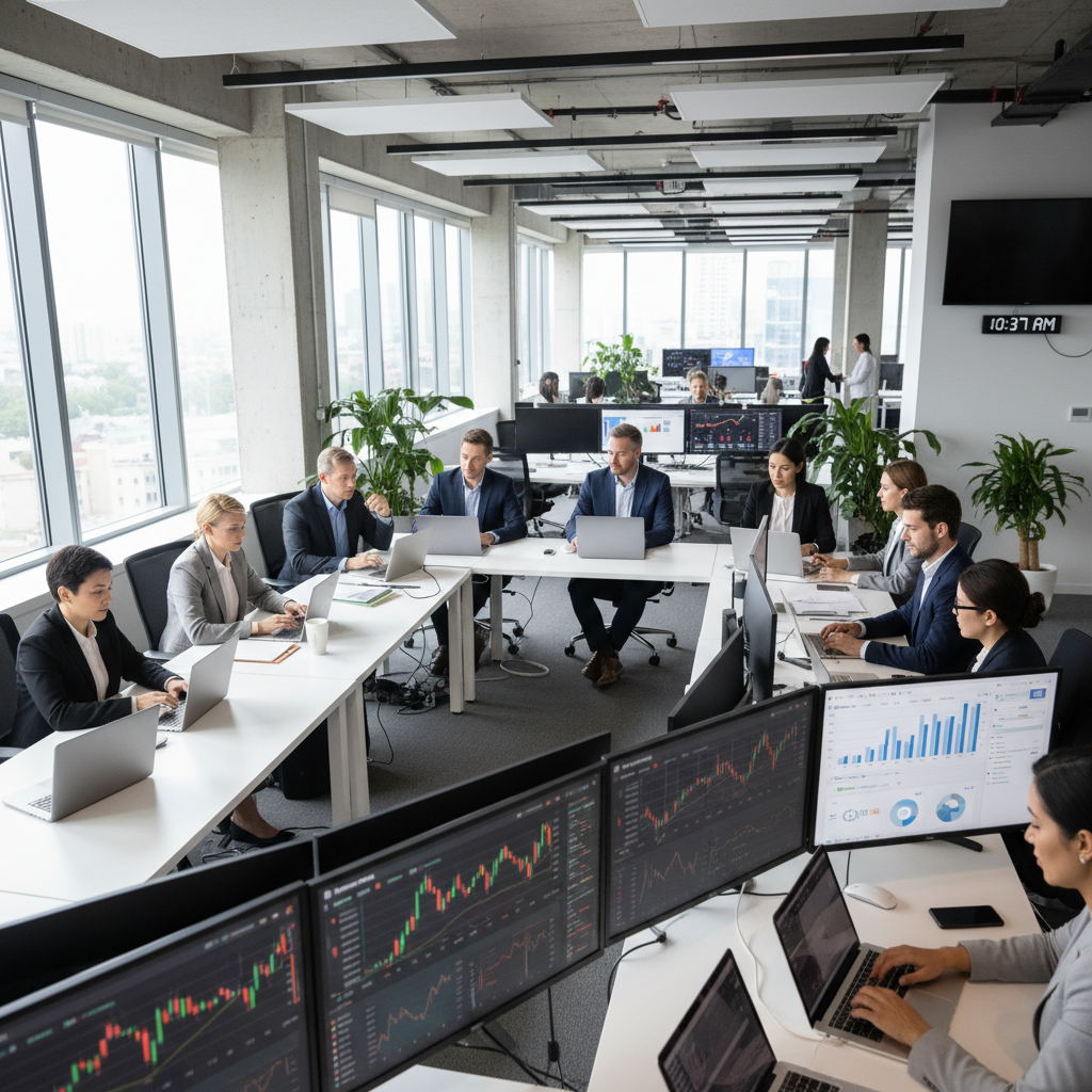 Professional financial office with traders monitoring multiple screens showing market data