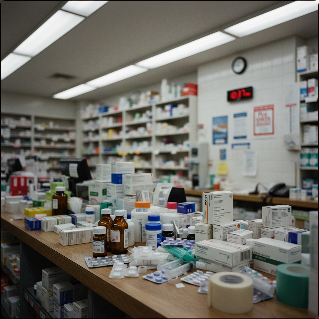 Fluorescent-lit pharmacy counter with cluttered displays and generic signage