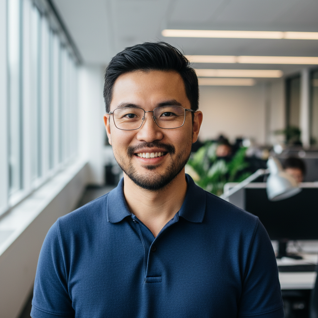 Asian man with glasses in navy blue shirt with thoughtful expression in technology office environment
