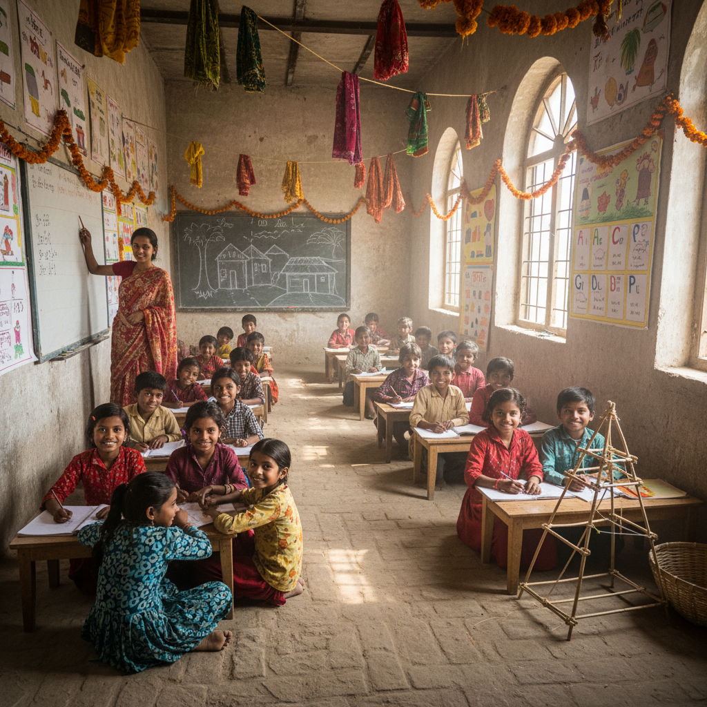 Indian children in a classroom smiling and learning, bright and hopeful environment