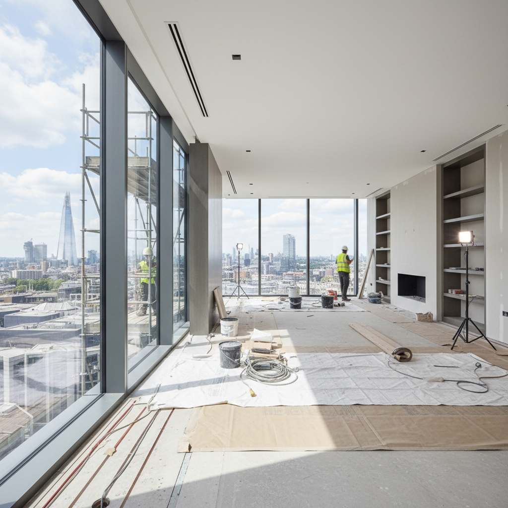 Penthouse living room with floor-to-ceiling windows and panoramic Johannesburg skyline views
