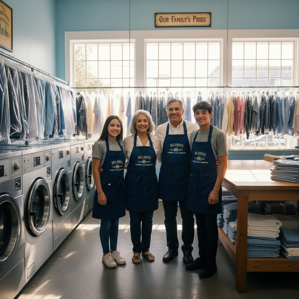 Three generations of the Delgado family standing proudly in their laundry shop surrounded by pressed garments