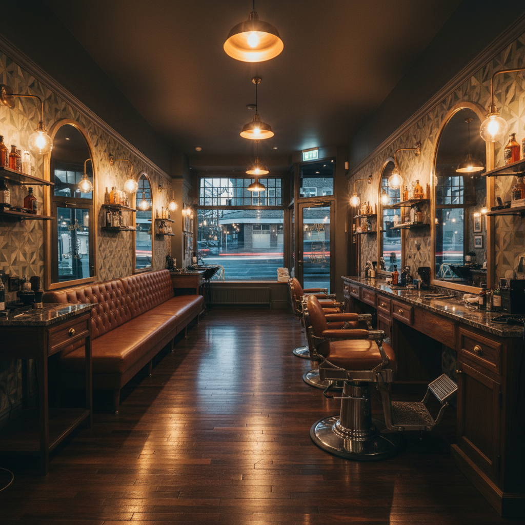 Barbershop interior at night with brass fixtures glowing under Edison bulbs and dark polished surfaces
