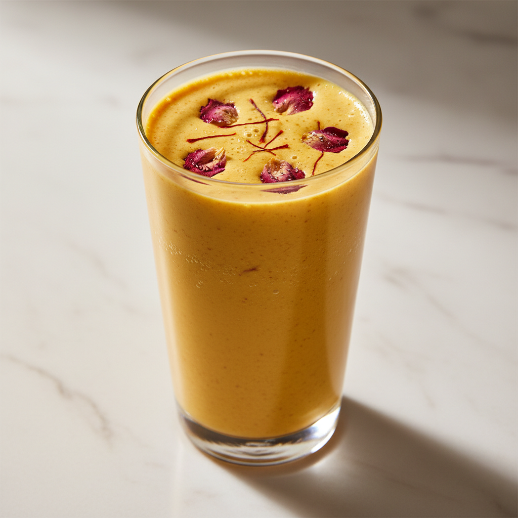 Chilled saffron laban in a tall glass with golden saffron strands and rose petals garnish