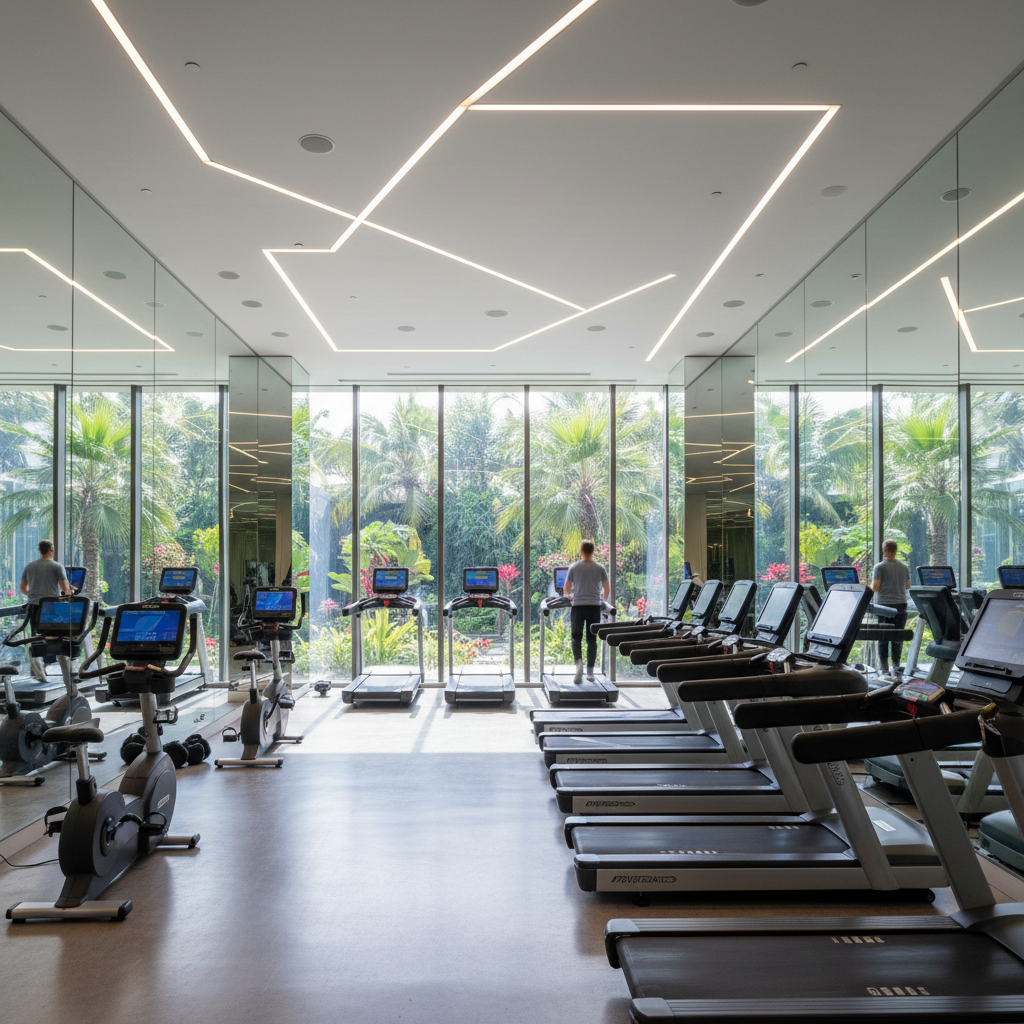 Gimnasio moderno equipado con vista al jardín del condominio