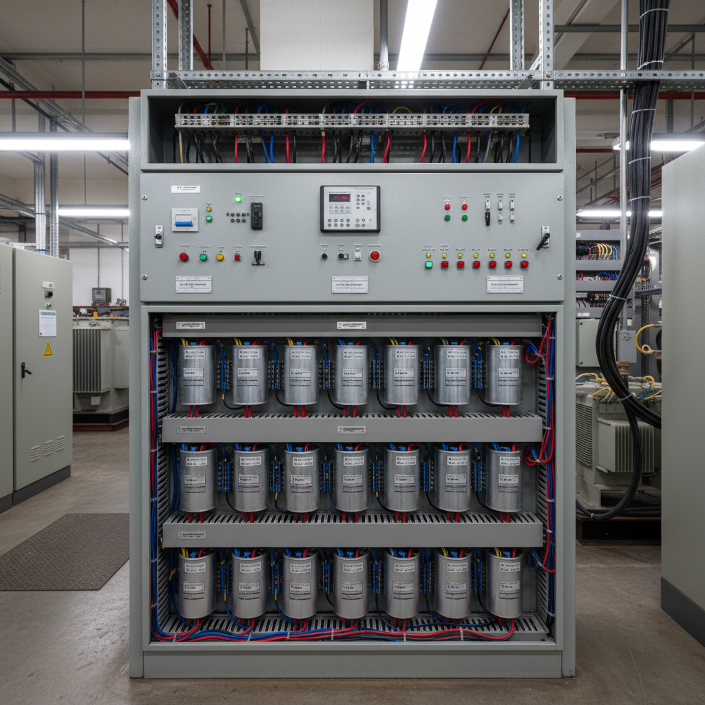 APFC panel with capacitor banks and power factor correction relay controller in an industrial electrical room