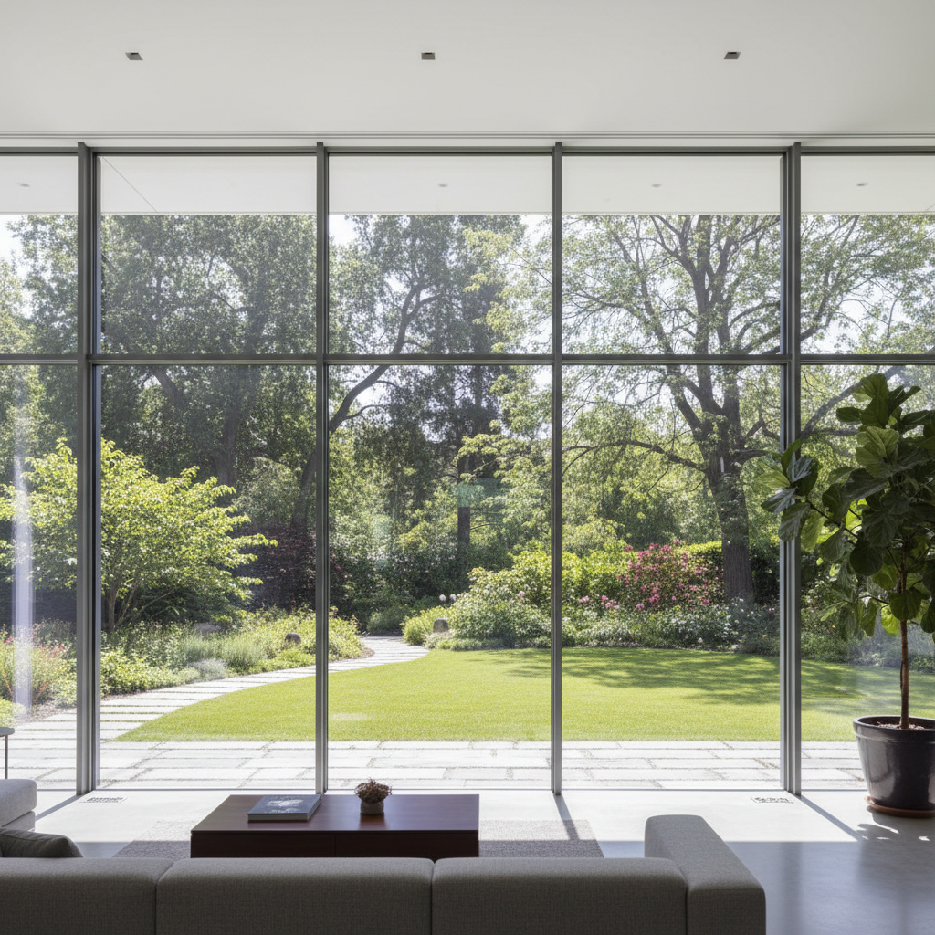 Large floor-to-ceiling double-glazed windows in bright modern living room with garden view