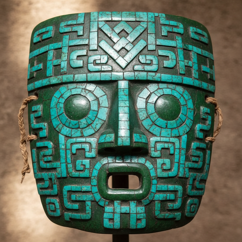 Intricate jade mosaic funerary mask with obsidian eyes, ancient Maya royal burial artifact