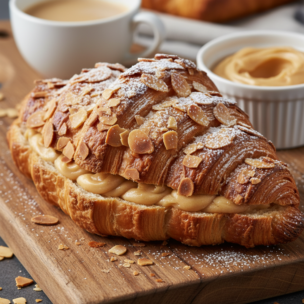 Chocolate almond croissant with powdered sugar and sliced almonds