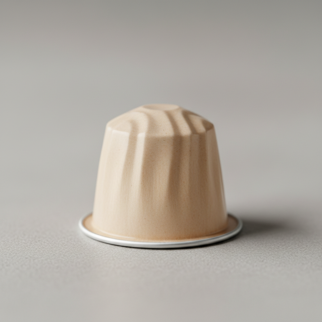 Close-up macro shot of brushed aluminum coffee capsule surface showing fine parallel grain lines and matte metallic texture