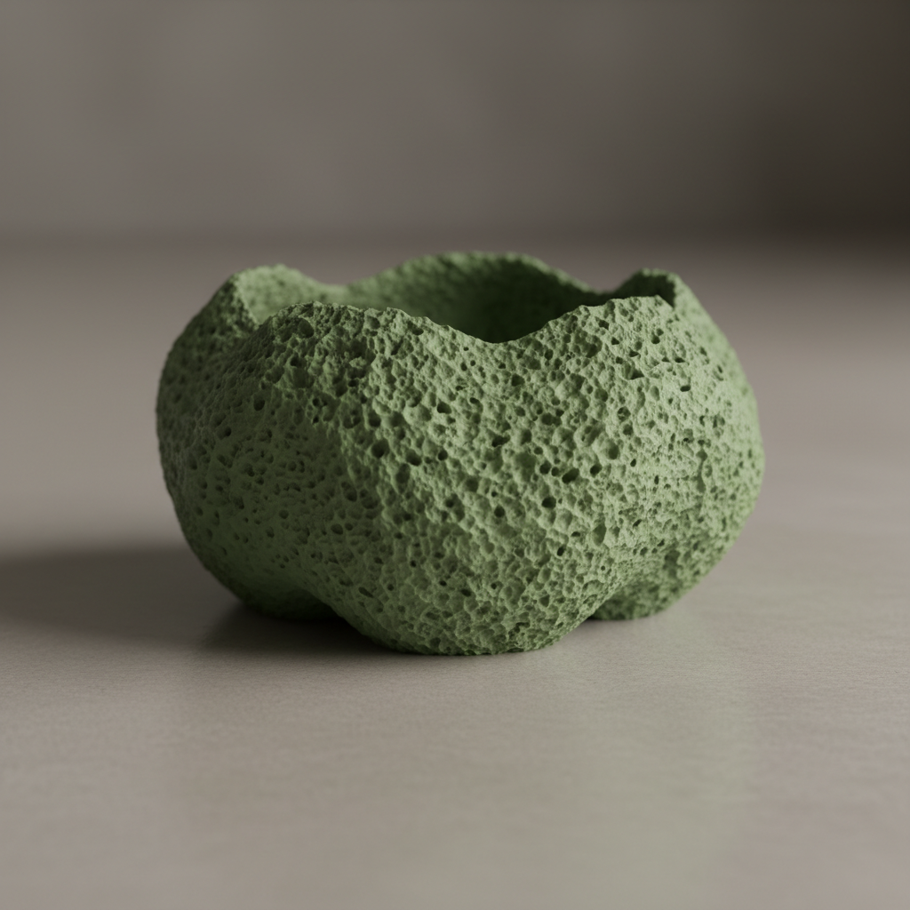 Macetero con formas orgánicas y textura de piedra volcánica impreso en PLA verde