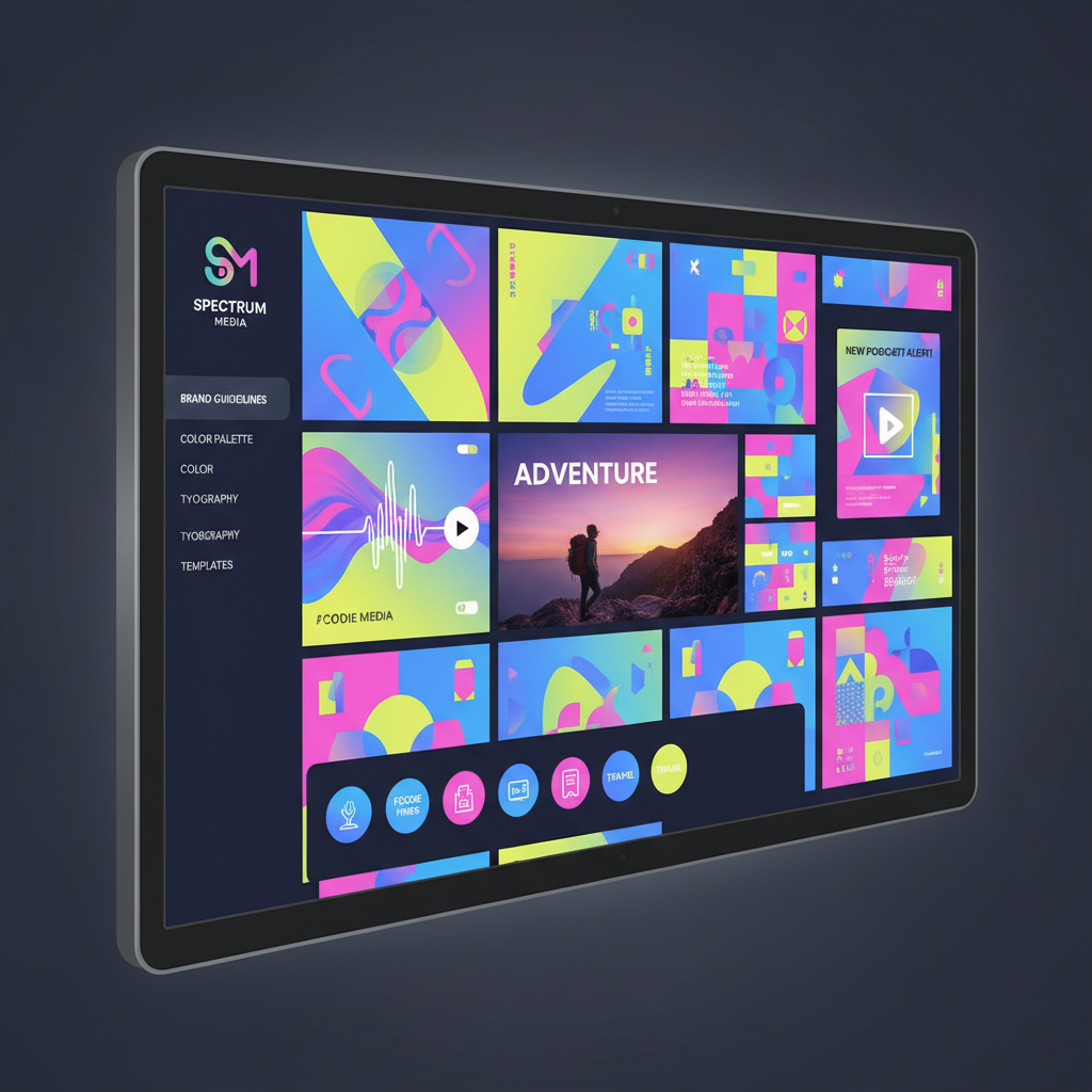 Colorful social media template designs displayed on smartphone and tablet screens