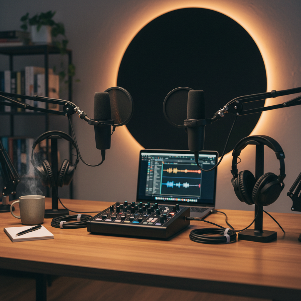 Professional podcast microphone setup with headphones on wooden desk