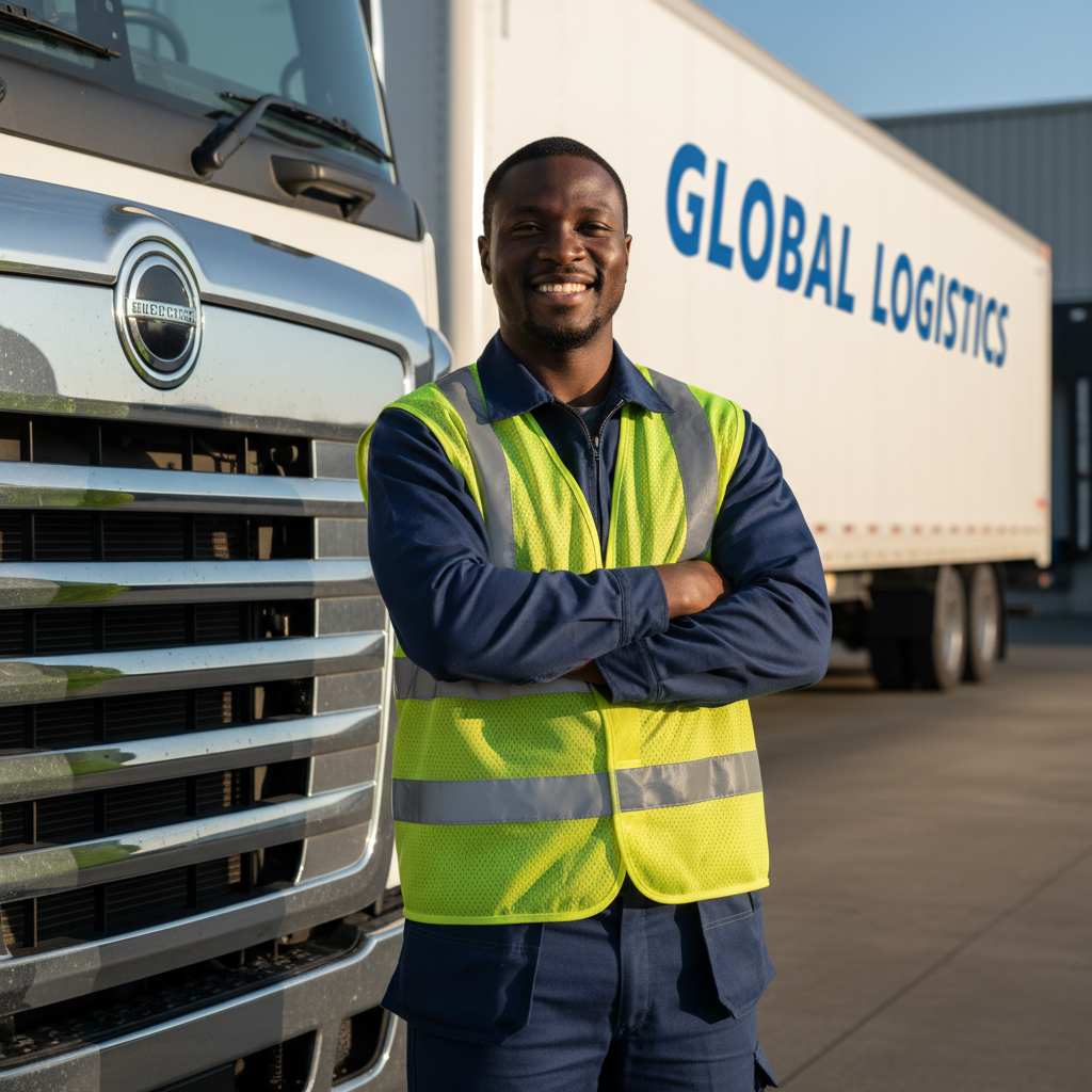 Professional driver beside large truck on open road, bright sunny day, South African landscape, confident posture