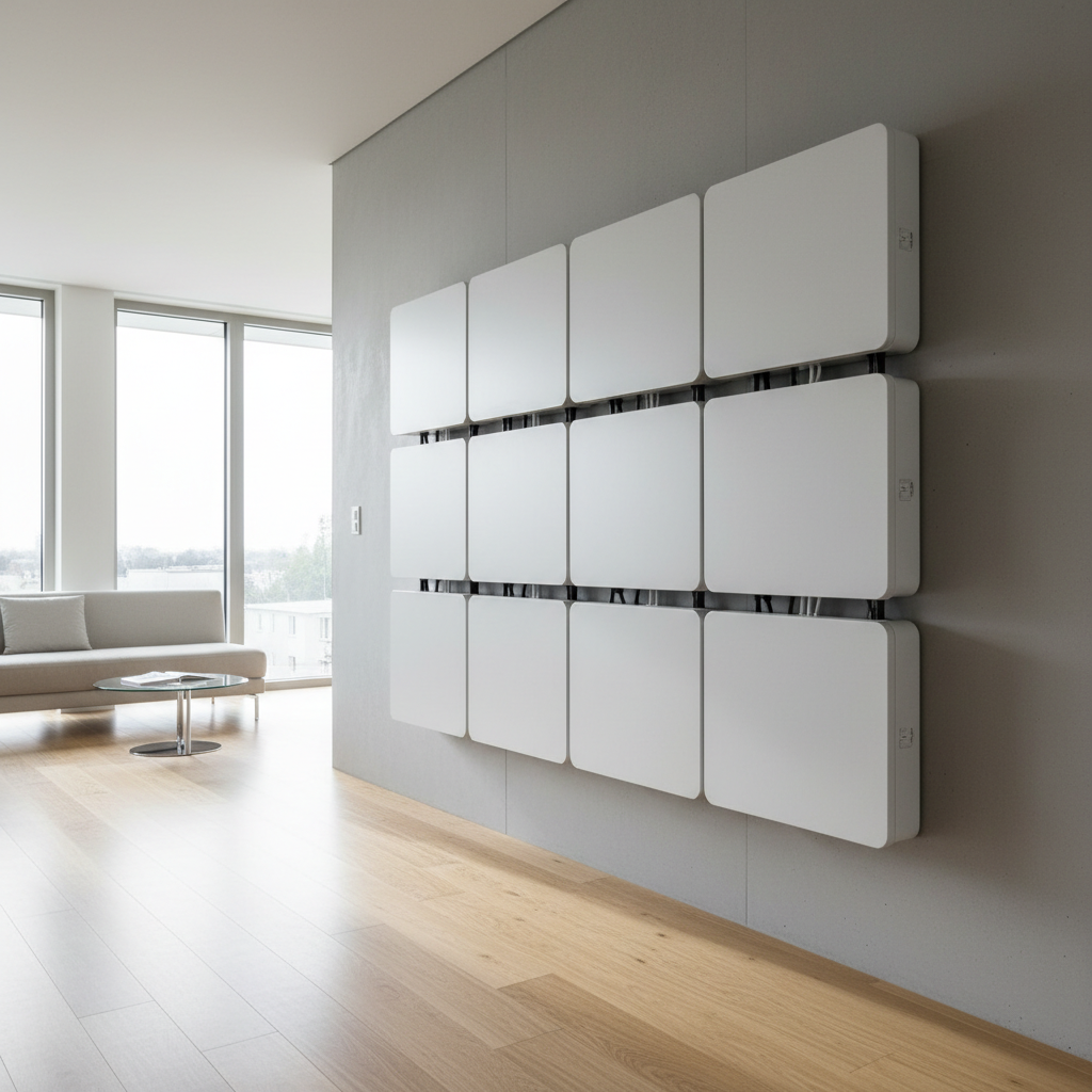 White lithium battery storage units mounted on wall inside clean modern home, professional installation
