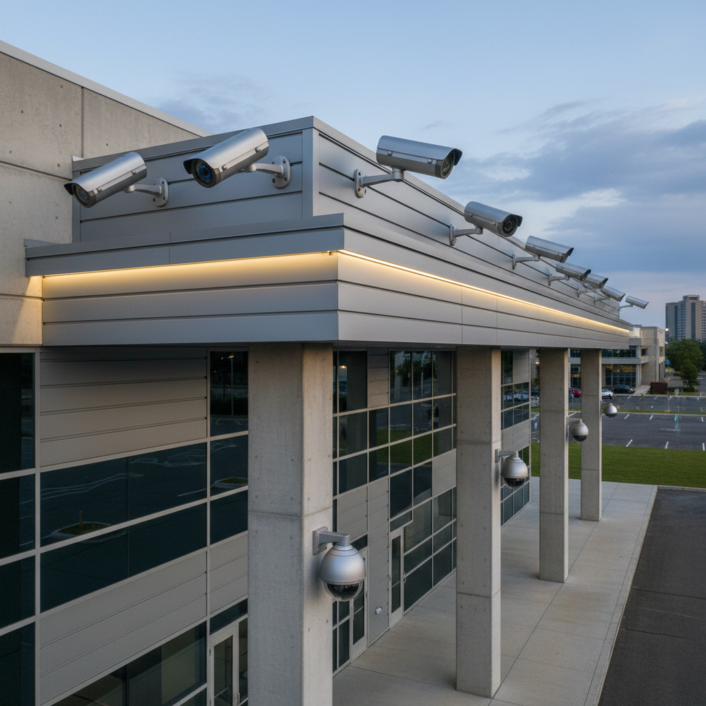 Modern residential security camera installation on house exterior wall at dusk