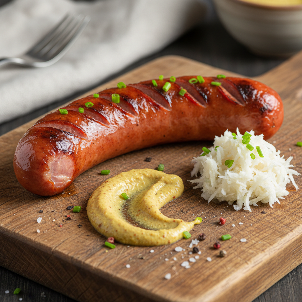 Grilled Carniolan sausage with mustard and horseradish on a wooden board