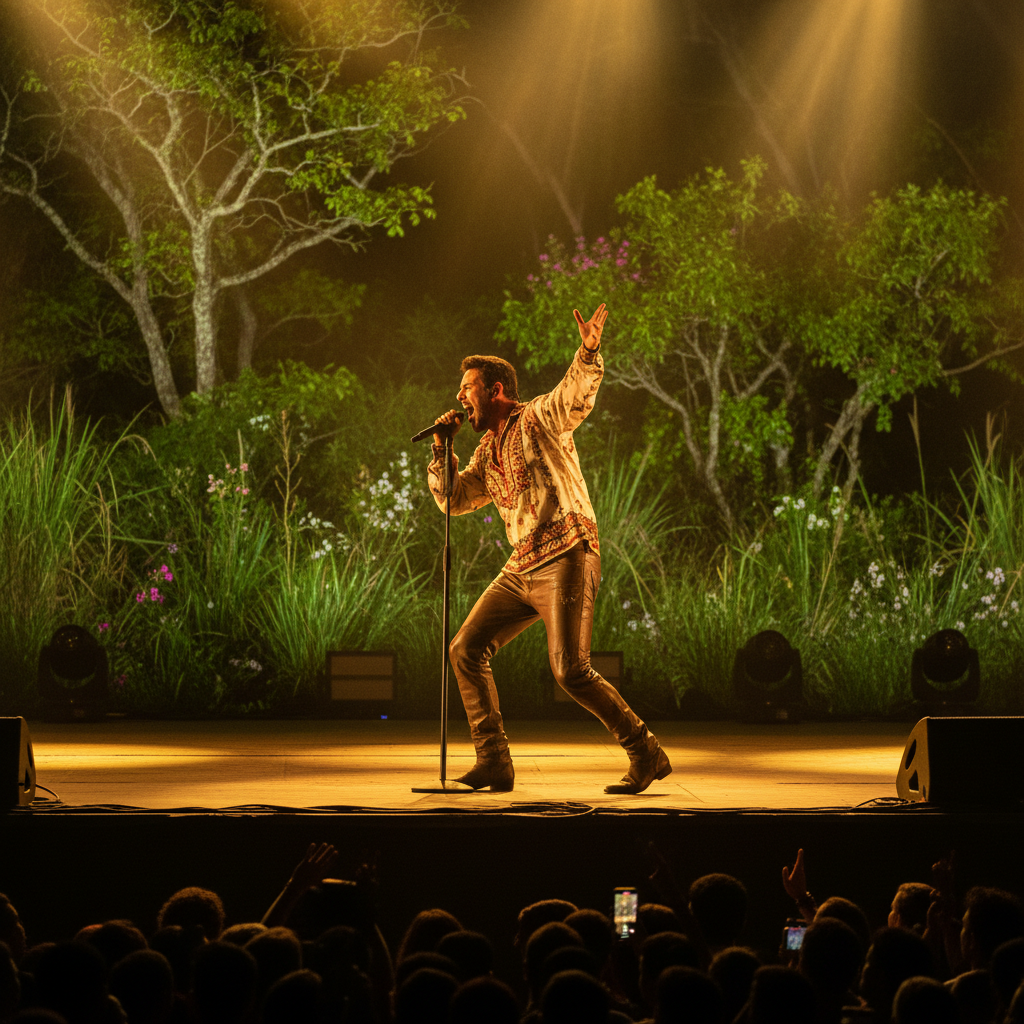 Legendary male vocalist in warm Mediterranean light performing with heartfelt expression, dark atmospheric background
