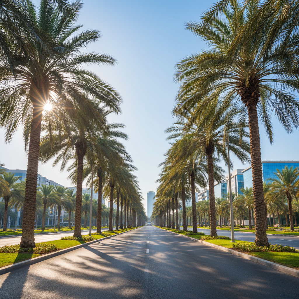 Date palm trees in rows along a wide boulevard in Dubai