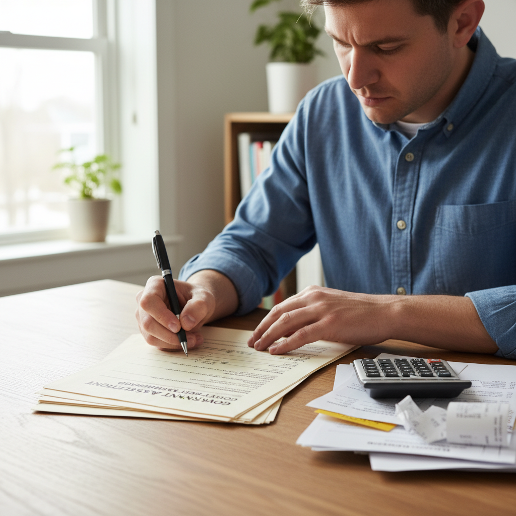 Person filling out official government paperwork at a desk with a lamp